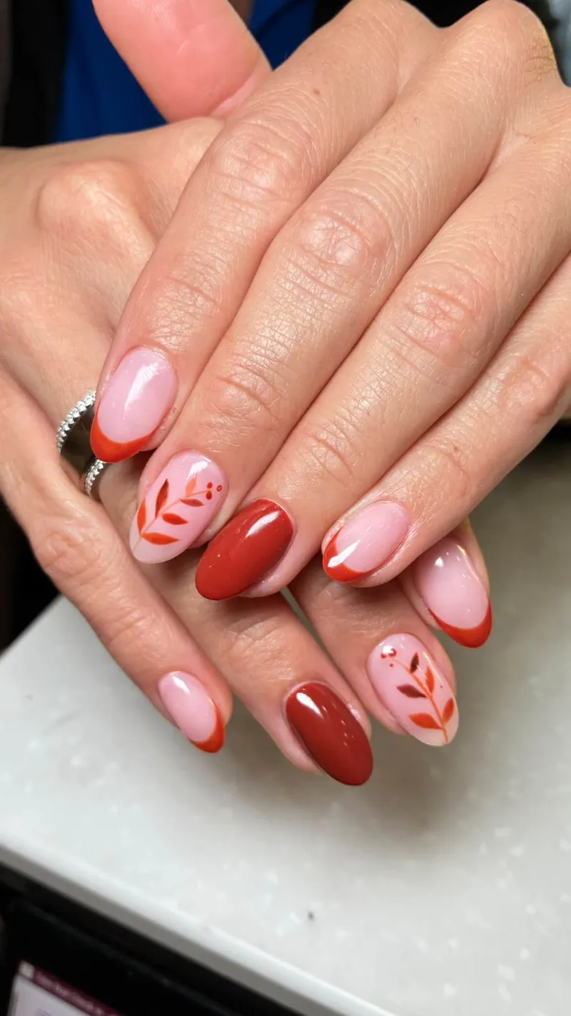 Almond nude nails with fine line art